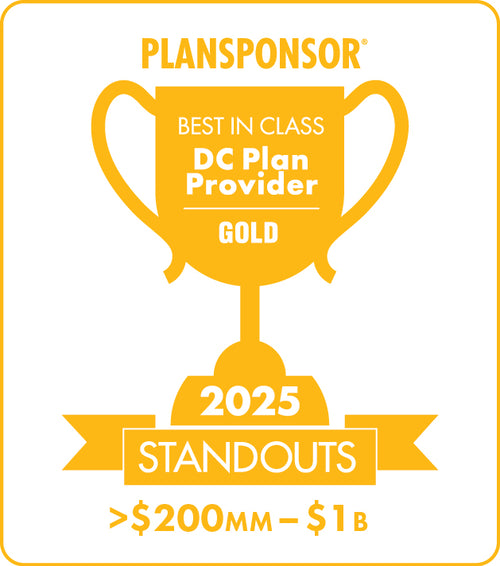 Logo: 2025 PLANSPONSOR Best in Class DC Plan Provider Standouts_ Gold: Plan Assets >$200MM-$1B, Desk Plaque